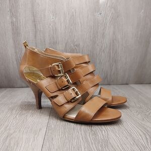 Michael‎ Kors Viola Mid Sandal Heels Strappy Buckle Tan Luggage Caged Size 10.5